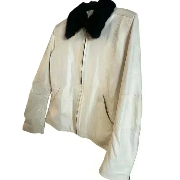 Ira Hoss Women’s 100% Leather Jacket Genuine Mink Collar Ivory Zip Up Size M - Picture 3 of 12